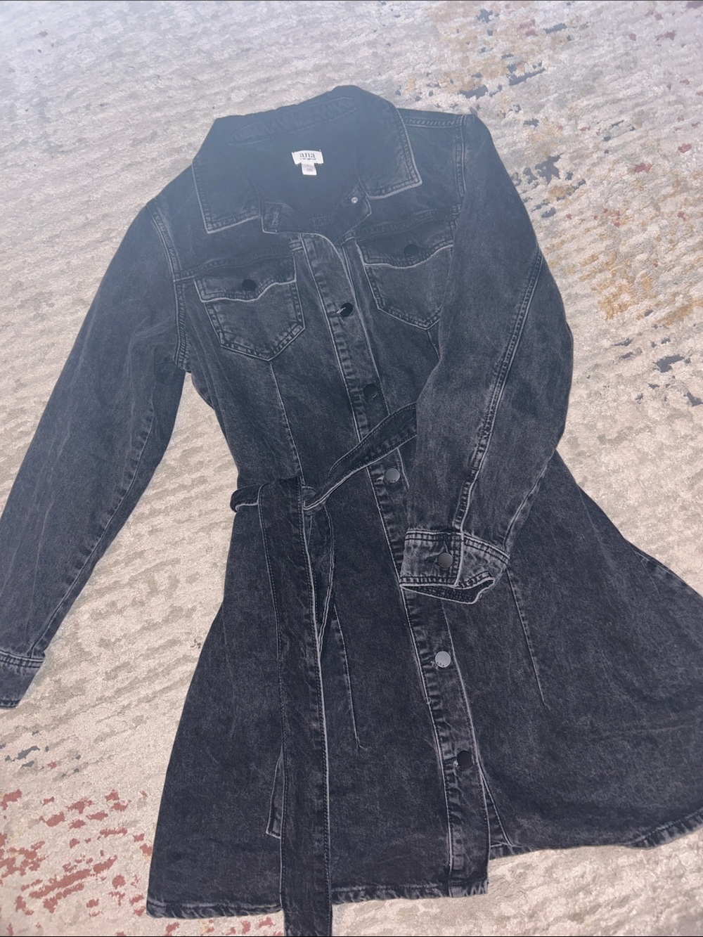 a.n.a Black Washed Denim Long Sleeve Shirt Dress with Tie Belt